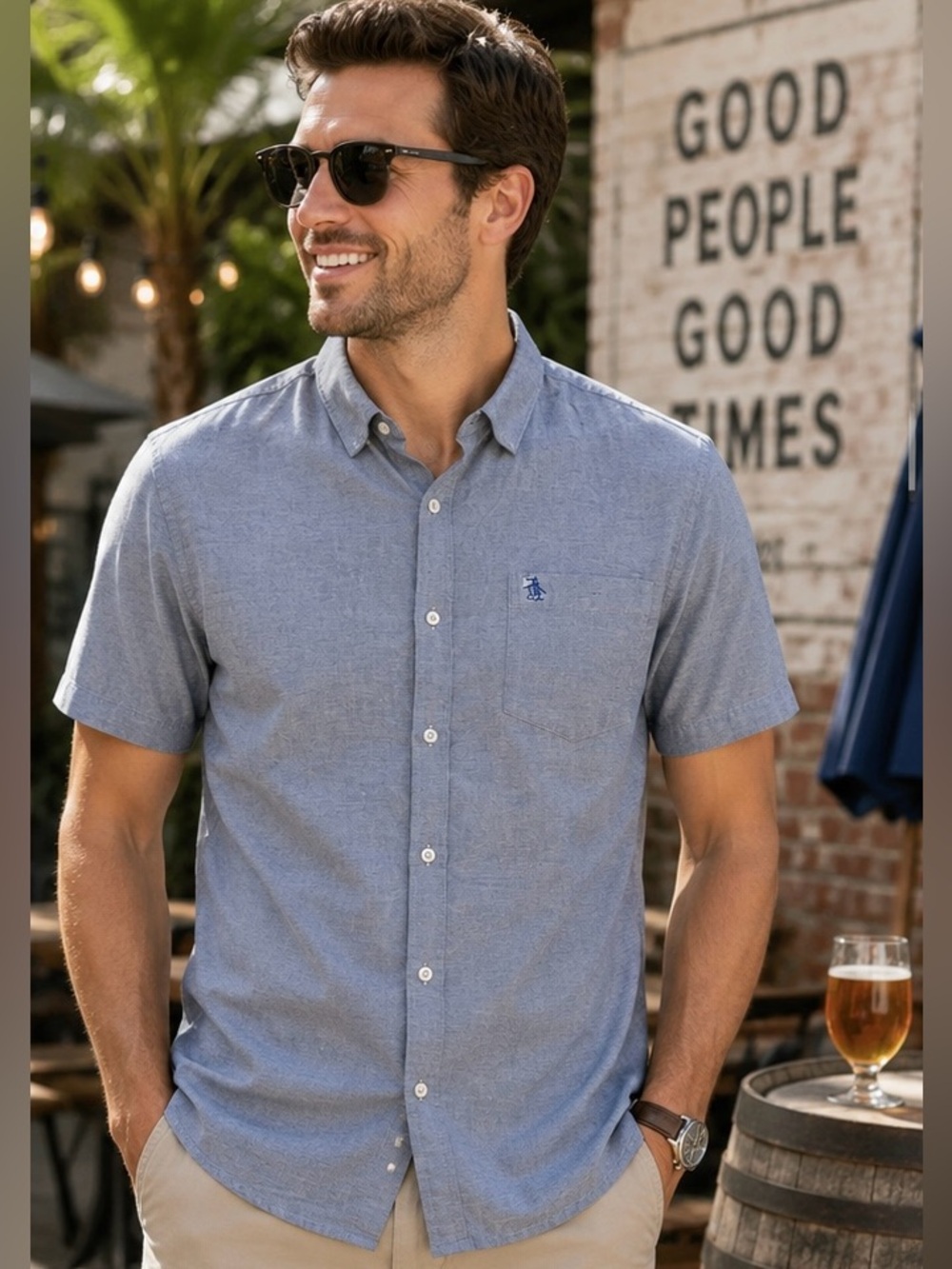 Original Penguin Heather Blue Short Sleeve Button Down Shirt Mens Large Slim Fit
